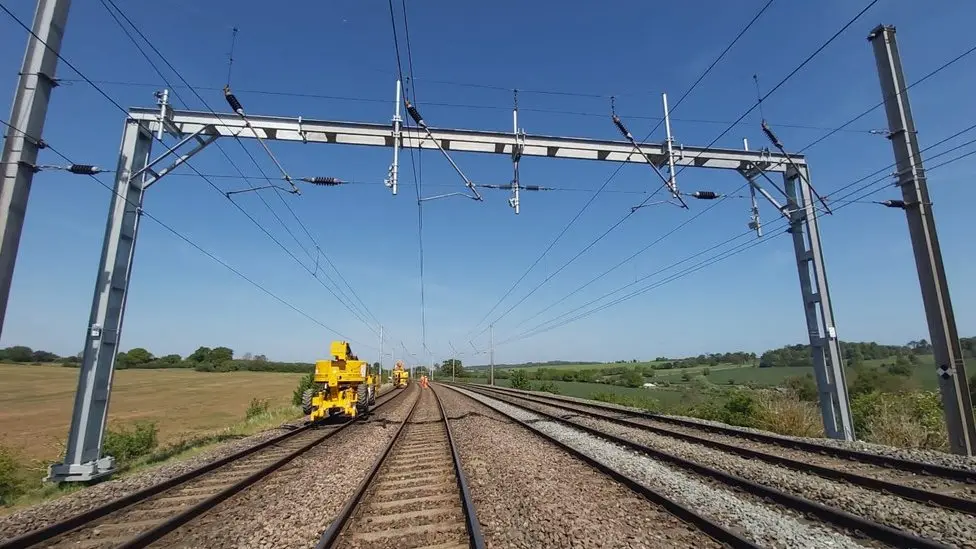 Midland Main Line with newly installed overhead line equipment gantries.